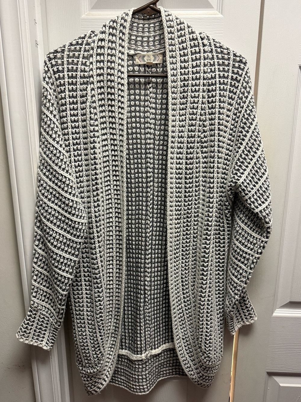 Pink Rose Black & White Textured Open-Front Cardigan